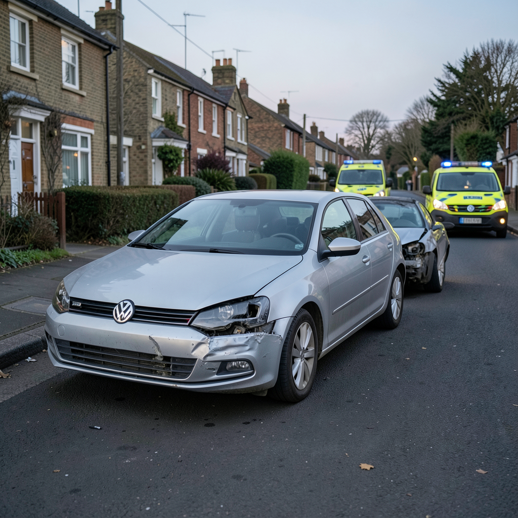 Volkswagen Golf collides with another car on Keighley Road, Illingworth